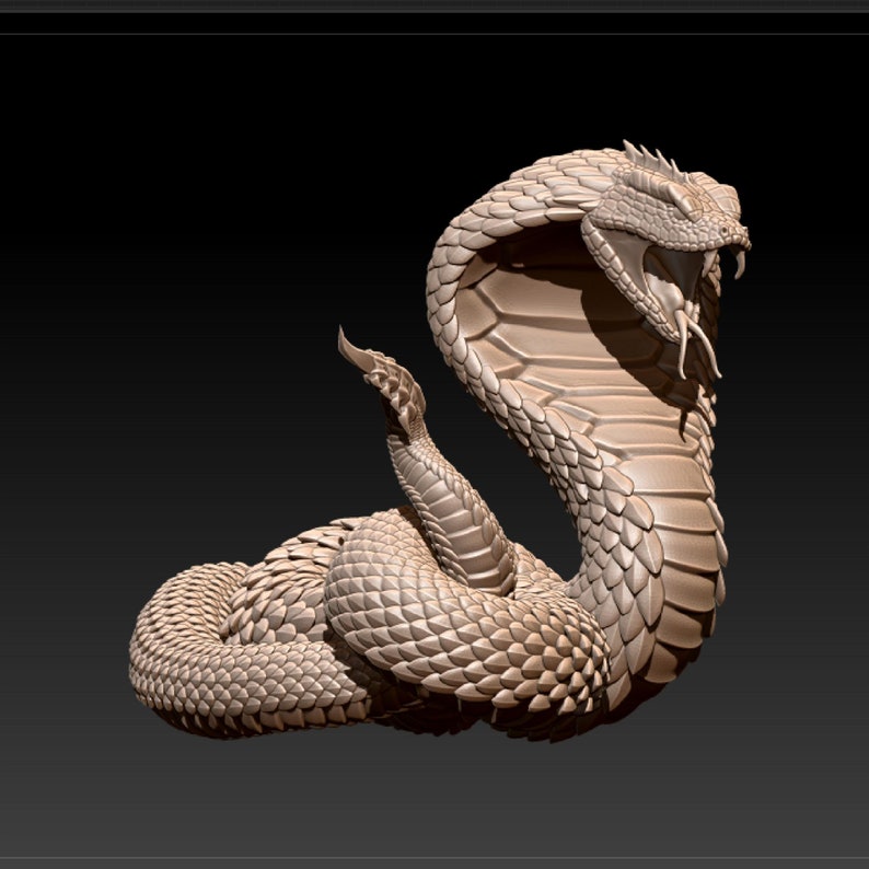 May include: A detailed 3D model of a cobra snake with its hood raised and fangs bared. The snake is sculpted in a light brown color and has a textured, scaly surface.