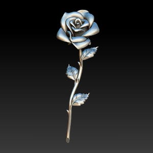 May include: A silver-colored rose with a single stem and leaves. The rose is in a 3D style, with a detailed texture.