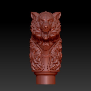 May include: A 3D printed model of a wolf's head with a snarling expression. The model is detailed with fur and has a base.