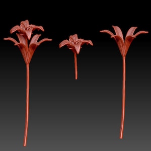 Könnte beinhalten: Drei 3D-gedruckte Blumenmodelle in verschiedenen Größen. Die Blumen sind rotbraun und haben ein detailliertes, realistisches Design.