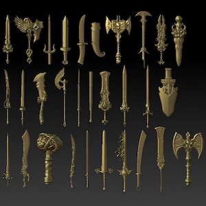 Puede incluir: Una colección de armas de fantasía doradas, que incluyen espadas, hachas y mazas, dispuestas sobre un fondo oscuro. Las armas varían en diseño, con detalles ornamentados y diferentes formas de hoja. La imagen muestra una variedad de armas de inspiración medieval.