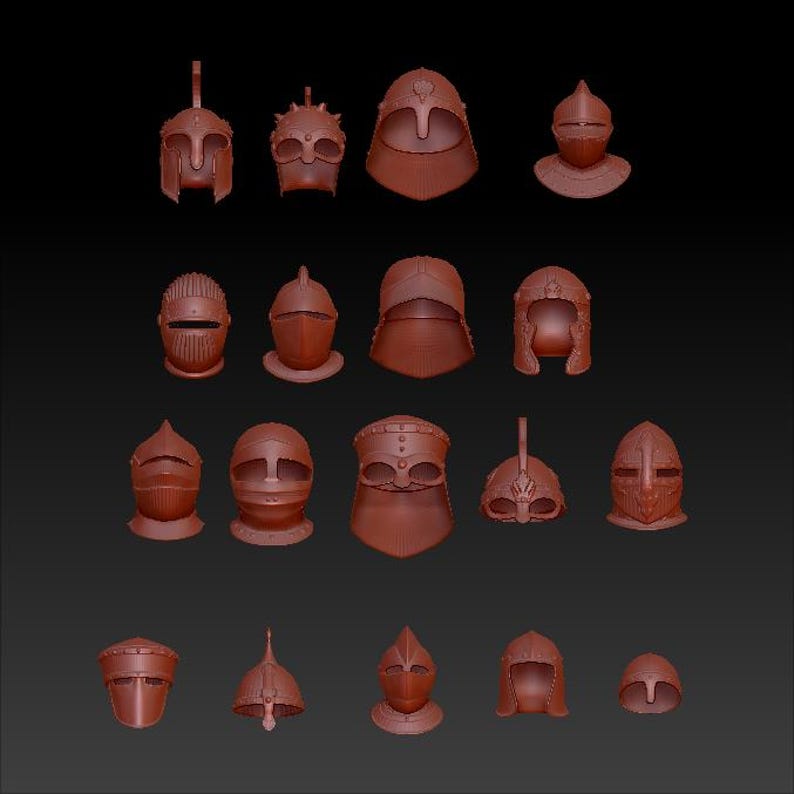 May include: A collection of 19 3D printed helmet models in various styles, all rendered in a reddish-brown color.