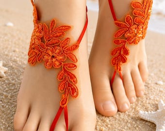 Lace Barefoot Sandal Orange, Beaded Footless Sandals, Bridal Barefoot Beach Wedding, Destination Wedding, Bridesmaid Gift Idea
