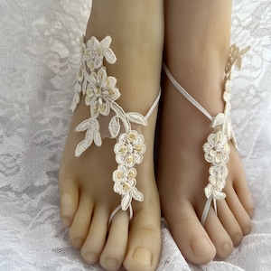 Ivory Beaded Lace Barefoot Sandals, Bridal Barefoot Flower Lace, Lace Barefoot Sandals, Beach Wedding Shoeless, Destination Wedding