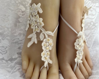 Ivory Beaded Lace Barefoot Sandals, Bridal Barefoot Flower Lace, Lace Barefoot Sandals, Beach Wedding Shoeless, Destination Wedding