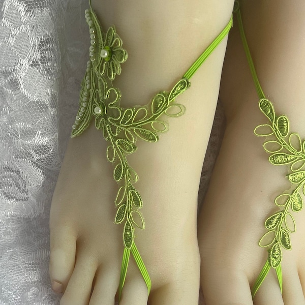 Lime Green Lace with Pearls and Sequins Barefoot Sandals, Bridal Barefoot Flower Lace, Beaded Green Lace Barefoot, Beach Wedding Shoeless,