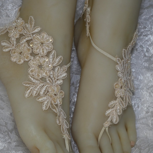 Buttercream Beaded Lace Barefoot Sandals, Bridal Barefoot Flower Lace, Ivory Barefoot Sandals, Beach Wedding Shoeless, Destination Wedding