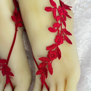 Dark Red Barefoot Sandals, Bridal Barefoot Flower Lace, Burnt Red Lace Barefoot Sandals, Beach Wedding Shoeless, Bride Destination Wedding