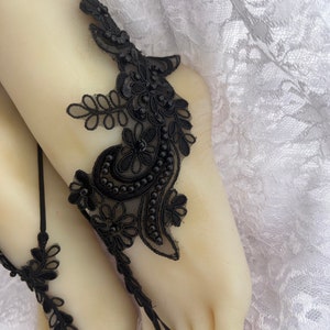 Black with beads and Sequins Barefoot Sandals, Beaded Bridal Barefoot Flower Lace, Beaded White Lace Barefoot,