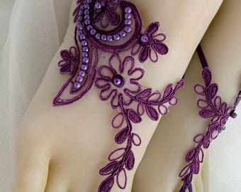 Pruim blote voeten sandalen voor bruid paarse kant bruiloft voet sieraden Boho bruids blote voeten sandalen paarse voet string, blote voeten sandaal parel schoenen