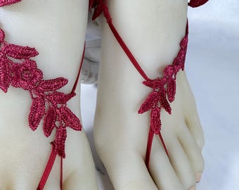 Dark Red Lace Barefoot Sandals, Bridal Foot Jewelry, Beach Wedding Footless Sandals, Boho Bride Accessories, Destination Wedding