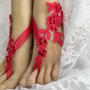 Hot Coral Beaded Lace Barefoot Sandals, Bridal Barefoot Flower Lace, Lace Barefoot Sandals, Beach Wedding Shoeless, Destination Wedding