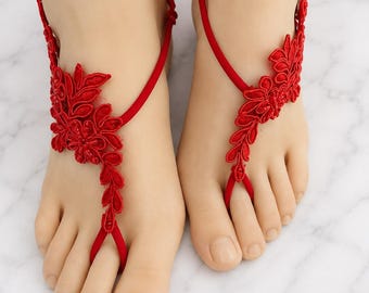 Lace Barefoot Sandal Red Beaded, Footless Sandals for Beach Wedding, Bridal Barefoot Jewelry, Bridesmaid Gift Idea, Destination Wedding