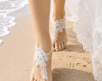 Lace Barefoot Sandal White Bridal, Beaded Footless Sandals, Beach Wedding Barefoot, Destination Wedding, Bridesmaid Gift Idea