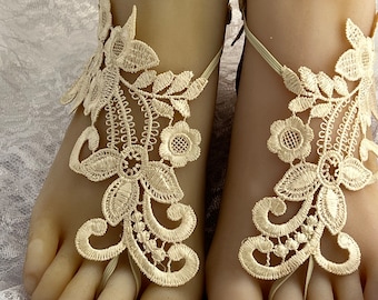 Bridal Champagne Lace Barefoot Sandals, Lace Barefoot Sandals, Bridal Barefoot Flower Lace, Lace Barefoot, Beach Wedding Shoeless,