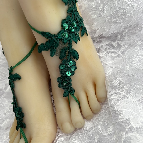 Hunter Green Beaded Bridal Barefoot Sandals, Bridal Barefoot Flower Lace, Lace Barefoot Sandals, Beach Wedding Shoeless, Destination Wedding