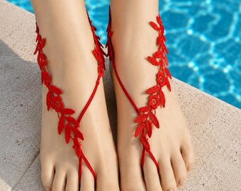 Red Lace Barefoot Sandals, Bridal Foot Jewelry, Beach Wedding Foot Jewelry, Elastic Barefoot Sandals, Boho Bride Accessories