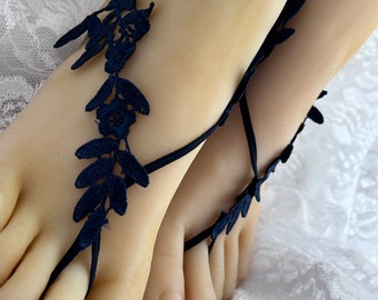 Marineblauw Lace Barefoot sandalen, bruids Barefoot Flower Lace, Lace Barefoot sandalen, strand bruiloft Shoeless, bestemming bruiloft