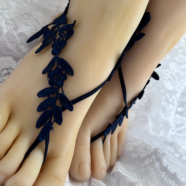 Navy Blue Lace Barefoot Sandals, Bridal Barefoot Flower Lace, Lace Barefoot Sandals, Beach Wedding Shoeless, Destination Wedding