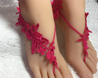 Hot Pink Lace Barefoot Sandals, Bridal Barefoot Flower Lace, Lace Barefoot Sandals, Beach Wedding Shoeless, Destination Wedding Fuchsia