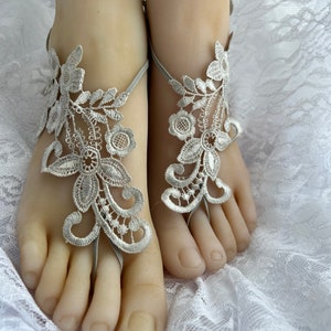 Bridal Grey Silver Lace Barefoot Sandals, Lace Barefoot Sandals, Bridal Barefoot Flower Lace, Wedding Barefoot, Beach Wedding Shoeless,