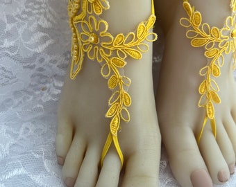 Yellow lace with Pearls and Sequins Barefoot Sandals, Beaded Bridal Barefoot Flower Lace, Beaded yellow Lace Barefoot,