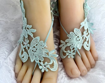 Bridal Ice Blue Lace Barefoot Sandals, Lace Barefoot Sandals, Bridal Barefoot Flower Lace, Wedding Barefoot, Beach Wedding Shoeless,