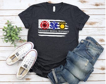 EMR Horizontal Front Flag Emergency Medical Responder First Student Instructor Police Fire EMS T-shirt
