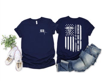 ICU RN Flag T-shirt: Intensive Care Unit Registered Nurse Apparel Mens Male Female Womens T-shirt