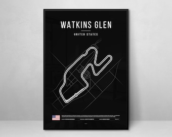 May include: Black and white minimalist poster featuring a track map of Watkins Glen International race track in New York, United States. The poster includes the text "Watkins Glen" and "United States".
