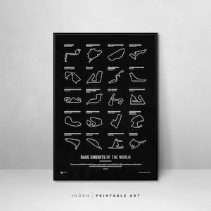 Decoración de pared imprimible de circuitos de carreras del mundo. Regalo para el Día del Padre. Póster de F1 para papá.