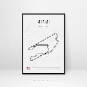 Formule 1 Grand Prix-poster van Miami. Het perfecte F1-cadeau. Miami Grand Prix digitale F1-poster downloaden.