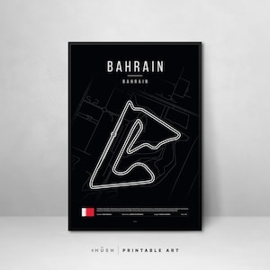 May include: Black and white printable art print of the Bahrain International Circuit race track. The print features the name "Bahrain" in white text at the top and a small flag of Bahrain in the bottom left corner.