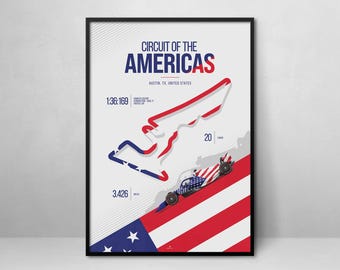 May include: A white and red poster with a black frame featuring a stylized map of the Circuit of the Americas racetrack in Austin, Texas. The track is outlined in red and white, with a race car driving on the track. The poster also includes the text "CIRCUIT OF THE AMERICAS" and "AUSTIN, TX, UNITED STATES".