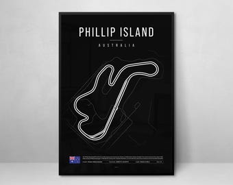 May include: Black and white minimalist poster featuring a track map of Phillip Island, Australia. The poster includes the text "Phillip Island" and "Australia".