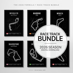 May include: A collection of six black and white Formula 1 race track maps, including Monaco, Silverstone, and Monza. The bundle is labeled "Race Track Bundle" and "2026 Season Digital Download."