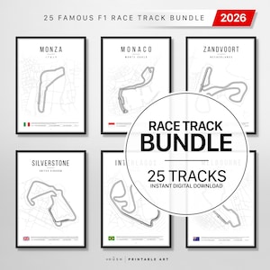 Op de afbeelding: Zes ingelijste zwart-wit F1-racecircuitkaarten, waaronder Monza, Monaco, Silverstone en Zandvoort. De afbeelding bevat de tekst "Race Track Bundle" en "25 Tracks". De bovenste banner luidt "25 Famous F1 Race Track Bundle 2026".