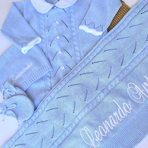 Gepersonaliseerde Going Home-outfit Gebreide Coming Home-outfit babyjongen - Borduurwerk Spaans gebreide newbornset gebreide outfit voor pasgeborenen gebreide babyoutfit