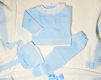 Spaanse stijl gebreide pasgeboren romper primera puesta baby petito kleding pasgeboren outfit eerste baby gebreide outfit footie baby gebreide outfit