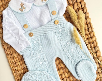 Naar huis Newborn Boy First Outfit Spaans gebreid newborn - Primera Puesta gebreide babykleding baby gebreide footie baby paard thema