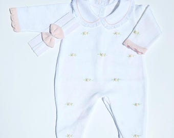 Newborn Girl Coming Home Outfit, Florence Baby Knitted Outfit, Baby girl take home Spanish baby set baby girl newborn knitted Headband Set