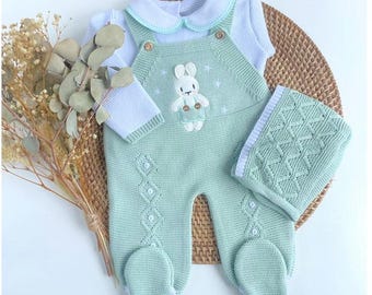 Traje de bebé recién nacido para ir a casa, primer atuendo para niño recién nacido, ropa de punto para bebé niño Primera Puesta, zapatito de punto para bebé, tema de conejito y caballo.