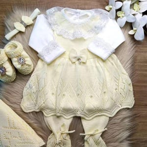Coming Home-outfit pasgeboren meisje, gebreide babykleding, Spaanse babyset mee naar huis nemen Doopoutfit gebreide jurk pasgeboren baby