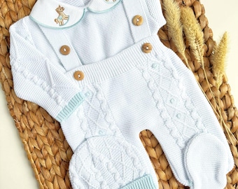 Conjunto personalizado para la salida del hospital - Conjunto español para recién nacido niño - Conjunto de punto para la salida del hospital - Pijama de punto para bebé con temática de caballos