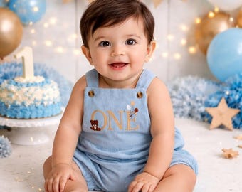 Boys First Birthday Romper – One Birthday Outfit With Name - Boys Cake Smash Overalls - Beary birthday Theme