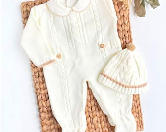Spaanse gebreide pasgeboren gebreide set peto primera puesta babyjongen gebreide kleding pasgeboren outfit eerste outfit baby gebreide footie baby peto