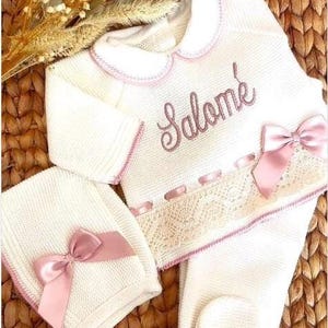 Gepersonaliseerde pasgeboren Spaans gebreid breiset primera puesta babymeisje gebreide kleding pasgeboren eerste outfit baby gebreide footie baby Tivoli