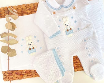 Spaans gebreide pasgeboren gebreide set petito primera puesta babyjongen gebreide kleding pasgeboren outfit eerste outfit baby gebreide footie babykonijntje