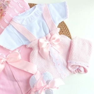 Conjunto de punto para recién nacido de verano español peto primera puesta conjunto de punto para bebé conjunto de verano para recién nacido primer conjunto de punto para bebé niña conjunto para ir a casa
