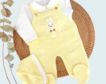 Spaanse gebreide pasgeboren gebreide set peto primera puesta bebe gebreide blauwe pasgeboren outfit bunny eerste outfit gebreide babykleding coming home outfit